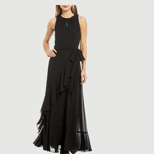 Navy Blue Alex Marie Sleeveless Tie Waist Tiered Ruffle Hem Maxi Gown